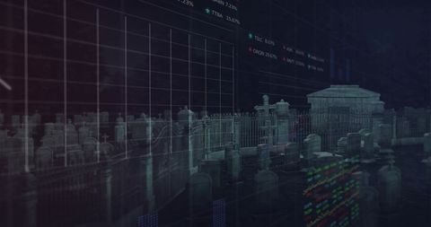 Nighttime Graveyard with Stock Market Data Overlay, Financial Charts Merging with Tombstones
