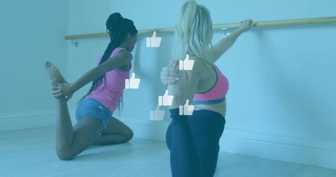 Women Exercising in Dance Studio with Thumbs Up Overlay