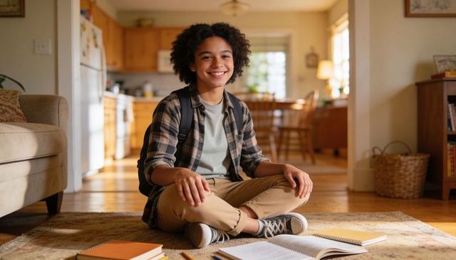 Smiling teen studying at home on rug with backpack, textbooks, notebook and pencil