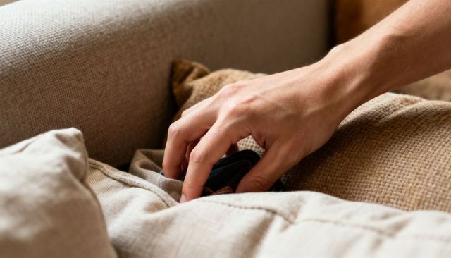 Right hand reaching, retrieving dark wallet from beige couch cushions, closeup domestic moment