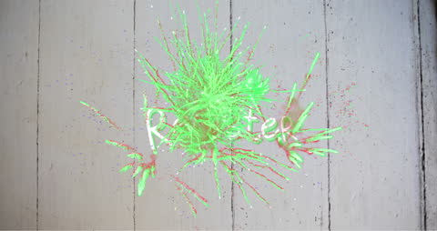 Animative Register Text with Vibrant Fireworks on Rustic Wood