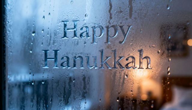 Happy hanukkah message traced on fogged window with raindrops and warm lamp glow