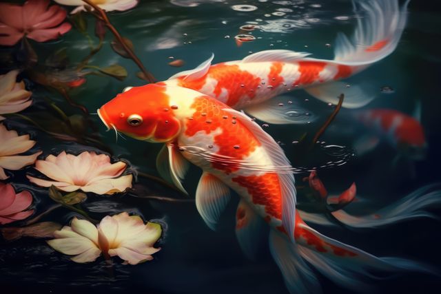 Elegant koi fish with bright orange and white patterns swimming in calm pond with pink flowers floating on surface. This can be used for themes related to serenity, garden aesthetics, and aquatic life. Perfect for websites, brochures, and decorative art focused on relaxation and nature.