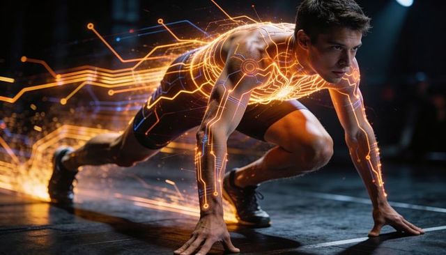 Male sprinter preparing in starting blocks with neon circuit overlay showing futuristic speed