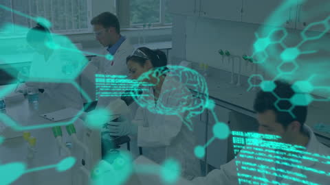 Innovative Scientists Analyzing Data with Digital Overlay