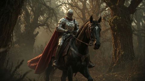 Armored medieval knights on horseback in mystical woodland