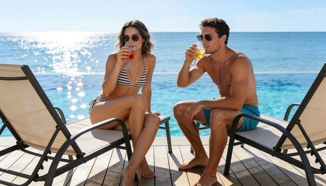 Couple relaxing and sipping cocktails on deck by infinity pool overlooking ocean