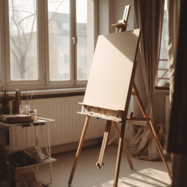 Blank canvas on wooden easel by window in painter's studio, created using generative ai technology. Art, possibility, inspiration and creativity, copy space concept digitally generated image.