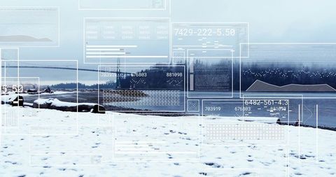 Augmented Reality HUD Scanning Winter Shoreline with Data Overlays and Analytics