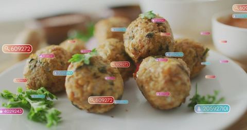 Featuring crispy golden fritters on white plate with parsley and dipping sauce, social tag overlay