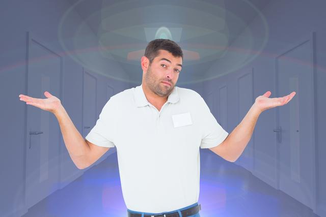 Digital composite of Portrait of confused man shrugging shoulders