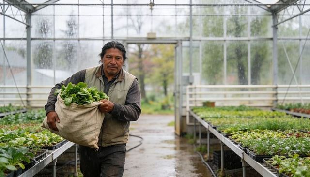 Greenhouse gardener carrying burlap sack of fresh lettuce through rainy glasshouse