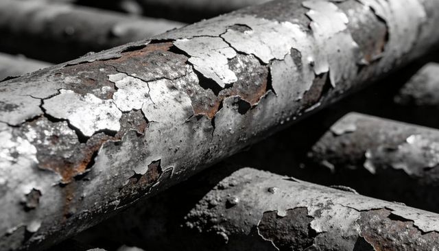 Industrial steel pipes revealing heavy peeling paint, flaking rust and pitted metal texture