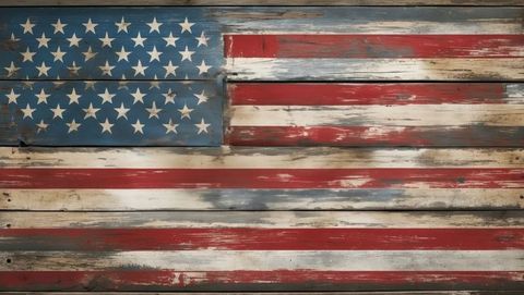 american flag displayed across weathered wooden planks, with aged and peeling paint highlighting sense of history and rustic appeal. evokes themes of patriotism and united states heritage, perfect for designs needing a vintage american feel. ideal for patriotic event promotions, educational material on american history, or rustic-themed decor design.