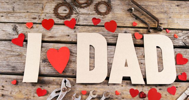Cut-out letters spelling I LOVE DAD are surrounded by red hearts on a rustic wooden background, with copy space. It's a warm, affectionate display often associated with Father's Day or expressing appreciation for fathers.