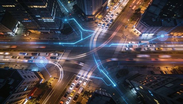 Aerial night city intersection pulsing with neon traffic trails and digital network overlay
