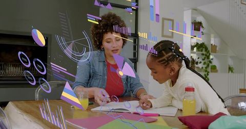 Mother guiding daughter with holographic data overlays and charts while studying at home