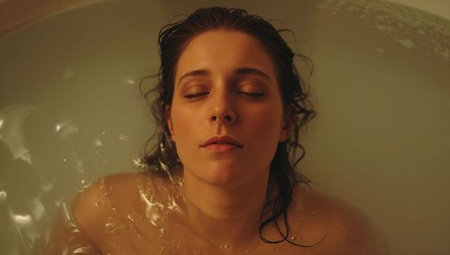 Serene woman soaking in milky bathtub with closed eyes, wet hair, moody golden light
