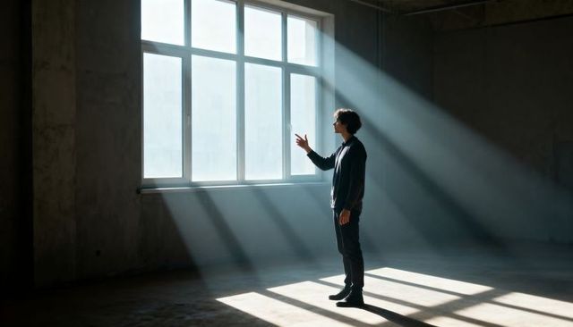Standing man reaching through dramatic sunbeams in empty industrial loft casting long shadows