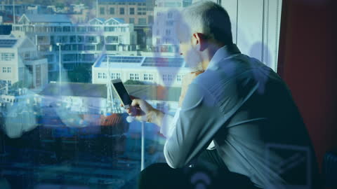 Businessman Analyzing Data with Smartphone in Urban Office