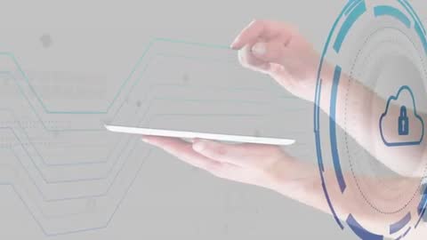 Hands Operating Futuristic Tablet Interface with Cloud Lock
