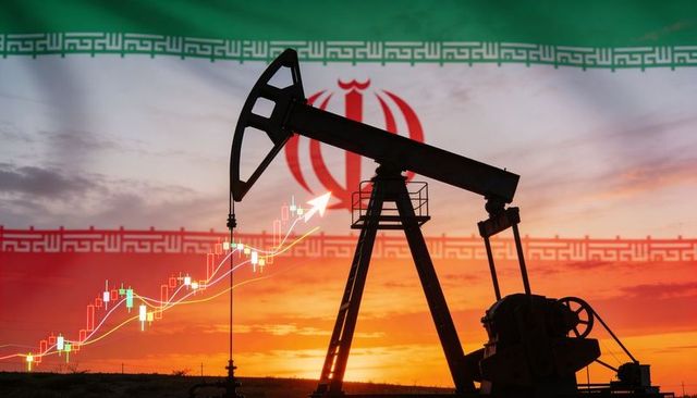 Oil pumpjack silhouetting against iran flag with rising candlestick chart at sunset