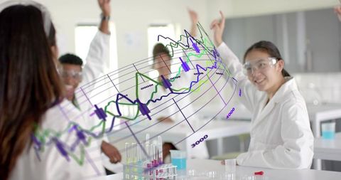 High school students conducting chemistry experiment in modern STEM lab with data overlay