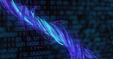 Neon digital data stream flowing in binary matrix background