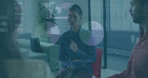Businesswoman presenting data in team meeting with analytics overlay and charts