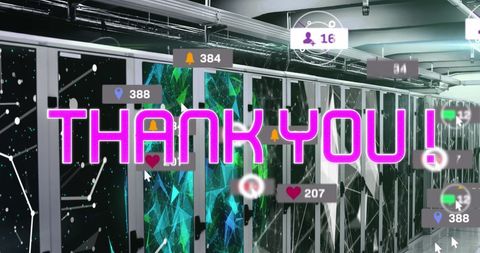 Digital Thank You in Server Room with Glowing Interfaces