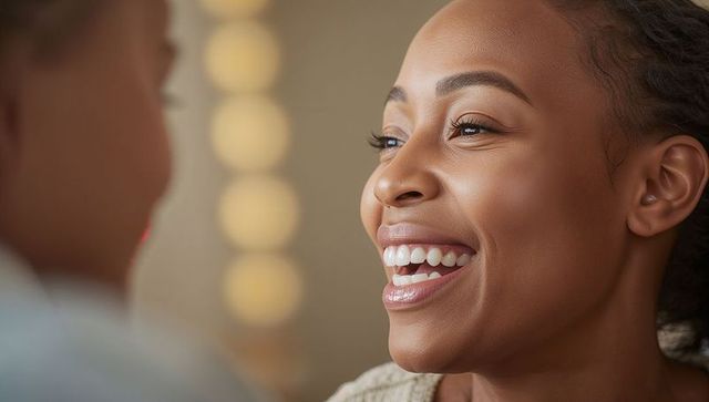Laughing woman with glossy lips and bright smile in cozy dressing area with vanity bulbs