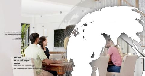 Team collaborating around table with globe overlay representing global brainstorming and coworking