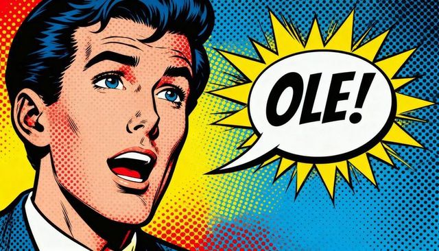 Shouting retro pop art man wearing suit with ole speech bubble and halftone dots