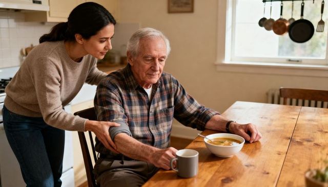 Young caregiver helping elderly man with bowl of soup at kitchen table offering support