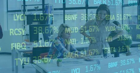 Women Collaborating in Modern Office with Digital Ticker Overlay