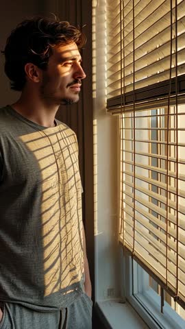 Young Man Standing by Window with Wooden Blinds at Golden Hour Vertical Video