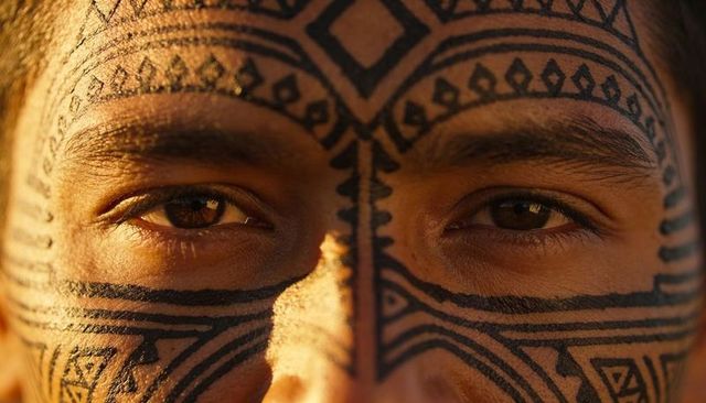 Sunlit male closeup with intricate geometric tribal face tattoos and intense brown eyes