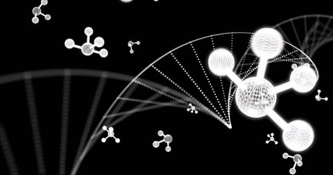 Futuristic molecules and dna strand on black background
