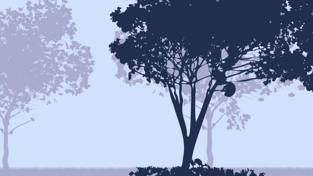 Video showing silhouettes of trees on blue background. Ideal for creating a peaceful ambiance in websites, nature-themed projects, wallpapers, or posters. Can also be used in mindfulness and relaxation contexts.