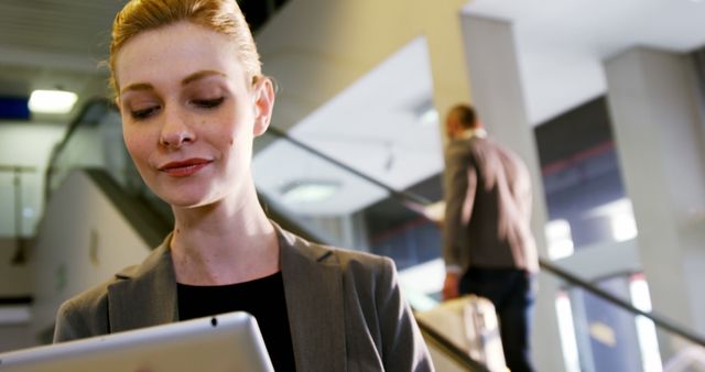 Businesswoman Using Tablet in Office Building - Download Free Stock Images Pikwizard.com