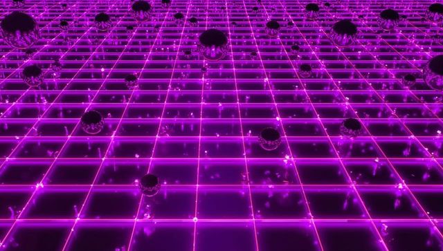 Futuristic Neon Grid with Hovering Metallic Spheres