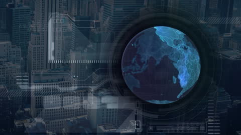 Glowing Blue Digital Globe Overlay on Cityscape