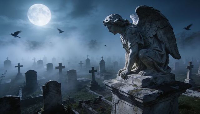 Moonlit mourning angel kneeling on weathered cemetery pedestal in foggy graveyard