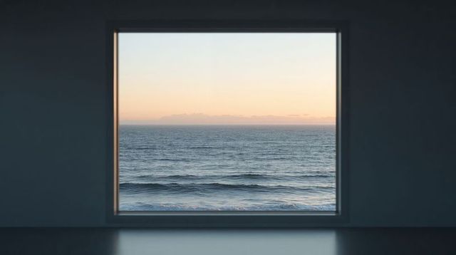 Revealing Minimalist Ocean View Through Square Window at Pastel Sunrise
