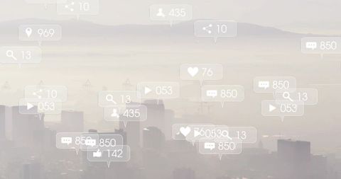 Floating social media notifications hovering over misty urban skyline