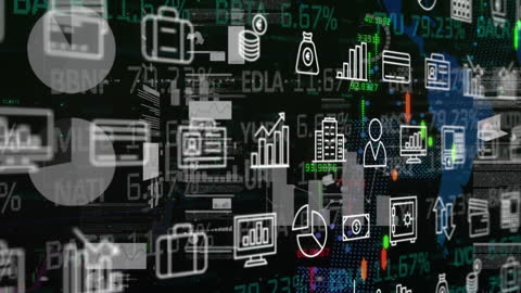 Innovative Digital Interface with Business Icons Over Data Visualizations