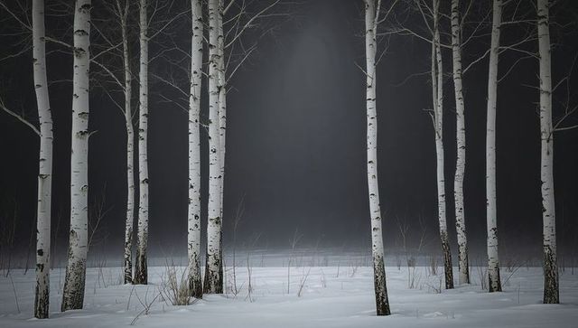 Birch trunks standing in snowy foggy winter grove, minimalist vertical composition