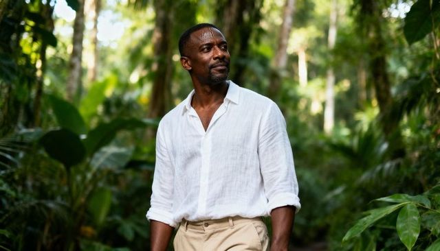 Black man wearing white linen shirt walking tropical jungle trail, sunlit portrait