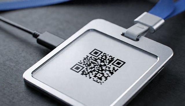 Sleek metal qr badge with clear panel and blue lanyard for contactless access