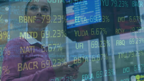 Businesswoman Analyzing Complex Financial Data on Multi-Screen Display